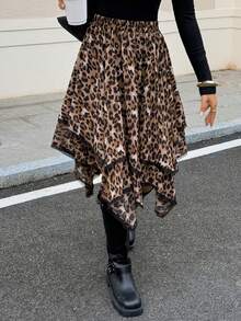 Livesso Brown Leopard Print Vacation Skirt For Women, Autumn Night Girly - Coffee Brown - View 3