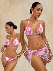 Glamine SHEIN Glamour 女士夏季沙滩印花露背系带性感比基尼套装，含罩衫和裙子 - 粉色 - 查看 1