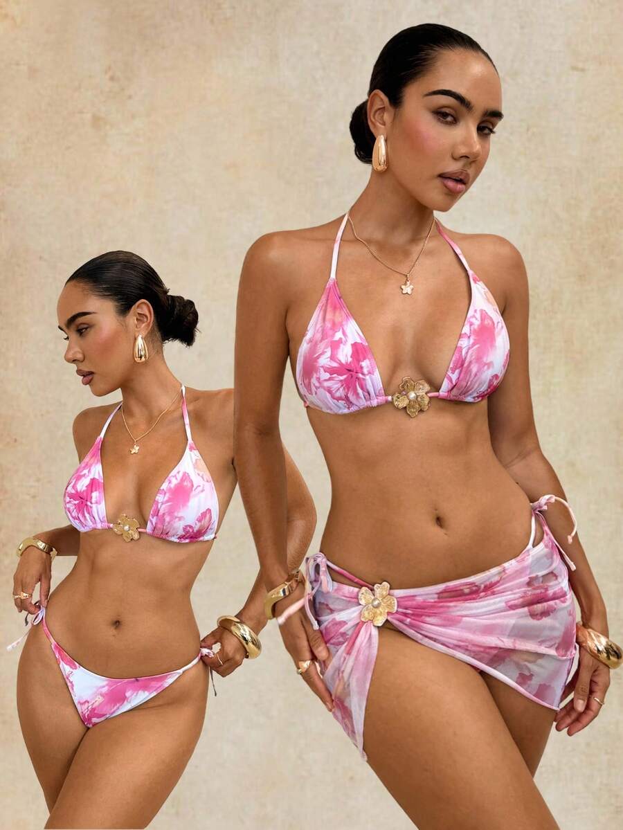 Glamine SHEIN Glamour 女士夏季沙滩印花露背系带性感比基尼套装，含罩衫和裙子 - 粉色 - 查看 1