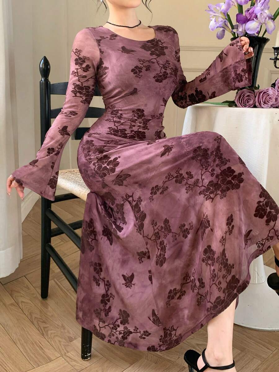 DAZY Women's Elegant Floral Print Wrap Dress, Spring/Summer - Purple - View 1