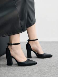 CUCCOO BIZCHIC 女士极简踝带高跟鞋，黑色缎面细高跟鞋，魅力十足，适合夏季毕业舞会、度假、返校、大学生等各种场合，优雅百搭，商务休闲、商务时尚、派对、春季、春假、复活节、圣诞节等场合皆宜。 - 黑色1 - 查看 4