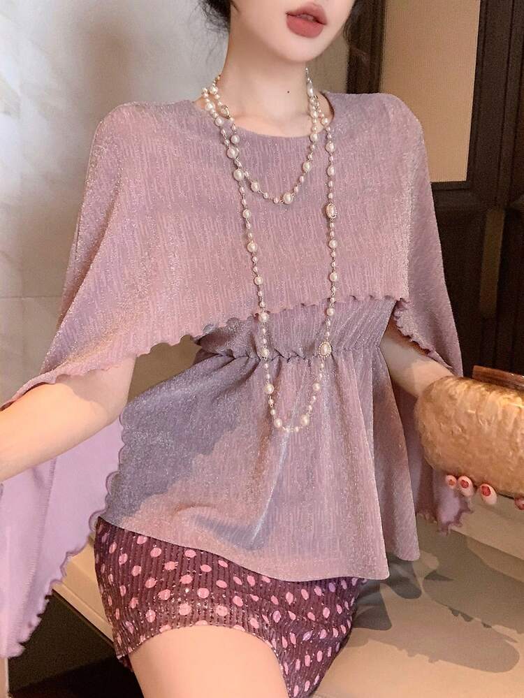 Spring & Summer Shiny Chiffon Flare Sleeve Top, Pink Cover Up With Shawl Collar, Elegant Casual Vacation Wear, Suitable For Valentine's Day, Wedding, Commuting