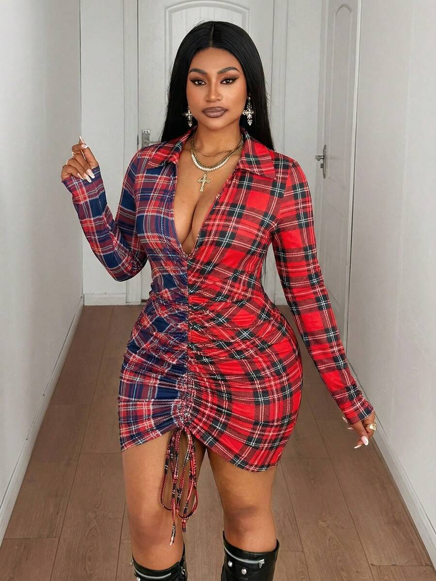 Maweii Plus Size Women Sexy Elegant Plaid Patchwork Drawstring Long Sleeve Mini Dress - Multicolor - View 1