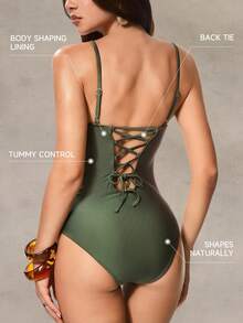 Shapewave 女士绿色V领侧拼接塑形连体泳衣，优雅简约夏季沙滩显瘦装 - 橄欖綠 - 查看 2