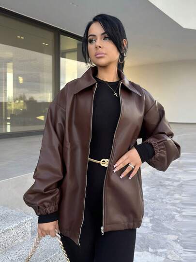 Vassilux 女士纯色落肩长袖拉链PU皮休闲夹克