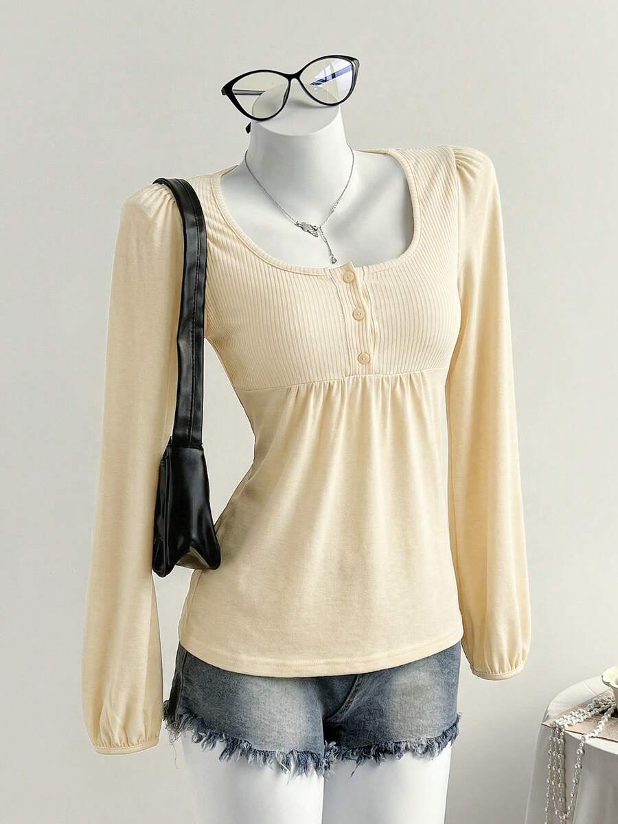 Comfortcana 女士休闲 Y2K 杏色拼接长袖纽扣 T 恤，百搭春季及感恩节服装 - 杏色 - 查看 1