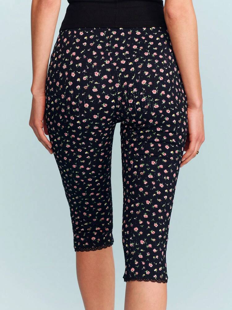 Floral Vintage Print Capri 3/4 Length Cropped Trouser With Lace Trim Spring Summer Fitted Trousers French Style Parisian Style