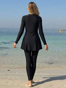 Swim Mulvari Women's Black Fashion Burkini Set, Asymmetric Criss-Cross Front Design, Middle Eastern Style 2 Pieces Burkini Set - Black - View 2