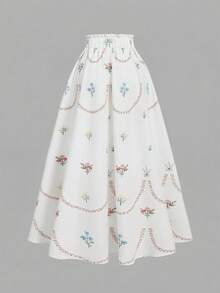 SHEIN MOD 度假风印花半身裙，夏季女装，音乐会、浪漫、优雅、派对、春季、节日、复古、婚礼宾客、下午茶会、端庄、印花半身裙 - 白色 - 查看 2