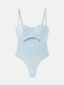 lacRébo Body de punto calado en azul pastel con detalle de corte delantero y lazo rosa, ropa de mujer de otoño - Azul - Ver 7