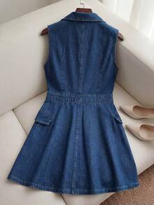 GlowEve Women's Casual Collared Sleeveless Double-Breasted Denim Dress, Summer - Blue - View 2