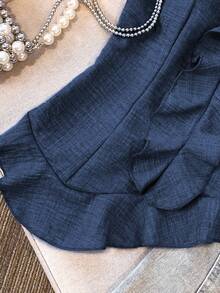 GlowEve 女士不对称荷叶边下摆优雅上衣和裤子两件套 - 藏蓝色 - 查看 3