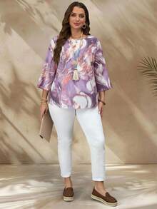 EMERY ROSE Camisa de verano elegante de talla grande con estampado asimétrico y bloques de color - Morado - Ver 6