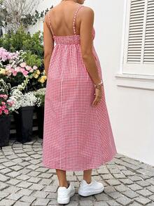 SHEIN 孕妇休闲度假风印花高开衩无袖连衣裙，夏季 - 紅色 - 查看 2