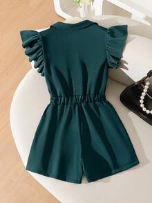 Tween Girls Elegant Commuter Lady Cap Sleeve Ruffled Collar Belted Shorts Jumpsuit, Spring/Summer, Moss Green - Dark Green - View 2