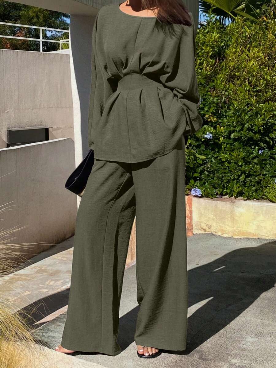 Livesso 女士宽松商务休闲时尚街头风荷叶边腰部设计套头衫搭配直筒裤两件套，优雅的办公室通勤装，适合夏季、秋季、春季穿着。 - 墨綠色 - 查看 1