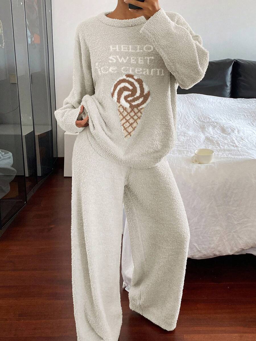 DAZY Conjunto de pijama folgado de malha de lã com estampa de sorvete, 2 peças, para mulheres. - Branco - Ver 1