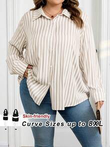 SHEIN CURVE+ Camisa abierta a rayas de color caqui claro talla grande, camisa elegante para mujer de oficina - Multicolor - Ver 6