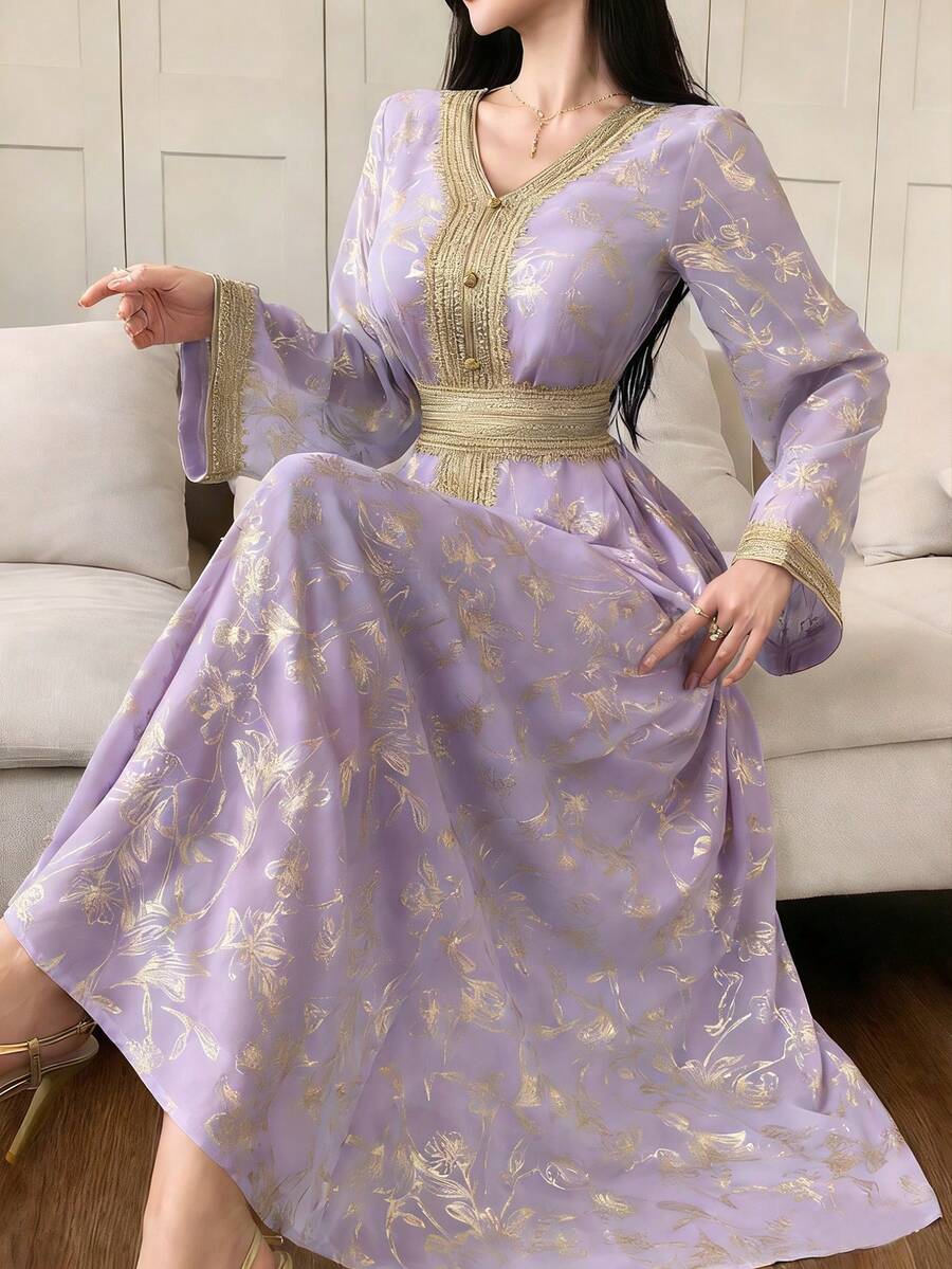 Women's Foil Print Minimalist Long Sleeve Dress, Everyday Wear Sundress - Purple - View 1