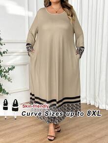 SHEIN CURVE+ 加大码黑色长袖宽松A字中长连衣裙，时尚秋冬连衣裙 - 卡其色 - 查看 9
