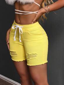 SHEIN SXY Women's Stylish Distressed Denim Shorts, Suitable For Summer - Yellow - View 5
