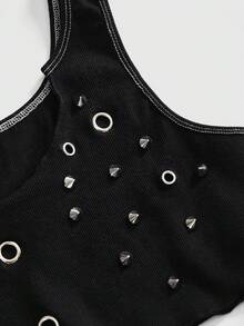 ROMWE Grunge Punk 音乐节朋克金属铆钉紧身露脐背心 - 黑色 - 查看 4