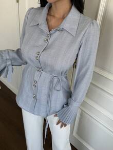 DAZY Women's Casual Textured Plaid Pleated Waist Belt Shirt, Spring/Summer - Blue - View 5