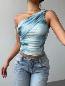 Aloruh Blusa sin mangas de estilo Y2K con estampado de teñido anudado, elegante y sexy, con malla ajustada, fruncido y lazo delantero - Azul - Ver 5