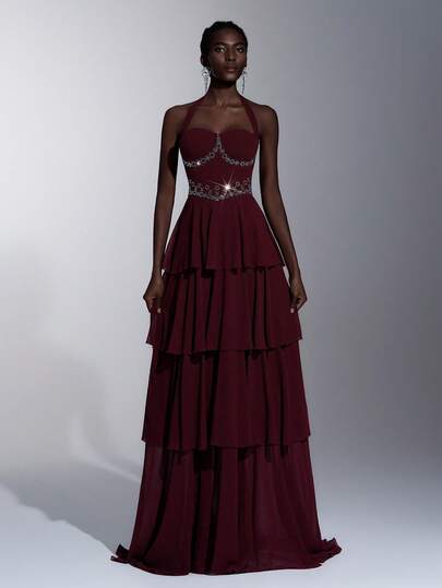 Elitara 优雅奢华露肩串珠刺绣鱼骨束腰拼接多层荷叶边下摆长裙，适合节日、婚礼、晚宴、音乐会、商务活动、社交媒体达人场合穿着。