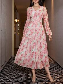 Modelyn 女士春夏V领雪纺长袖连衣裙，饰有蝴蝶结纽扣，A字廓形，优雅浪漫长款连衣裙 - 粉色 - 查看 6