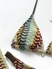 SHEIN Swim Chicsea 26SS 春夏度假沙滩波西米亚风酒红色编织比基尼泳衣套装（含泳裤） - 彩色 - 查看 3