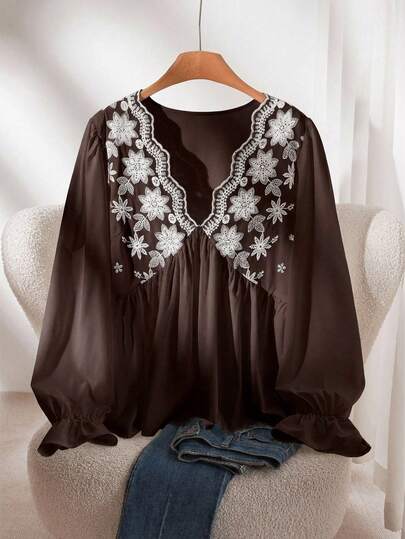 CosyJoli Plus Size V-Neck Embroidered Waist A-Line Blouse