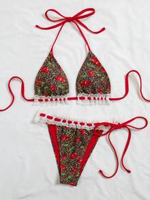 Swim Mod 2pcs/Set Funny Beach Vacation Leopard Print & Fruit Pattern Lace-Up Halter Top + Leopard Print & Fruit Pattern Lace-Up Waist Pants, Hot Selling Spring/Summer,Weddings & Events, Lace Trim Bikini, Cherry Print Bikini,Valentine's Day - Multicolor - View 4