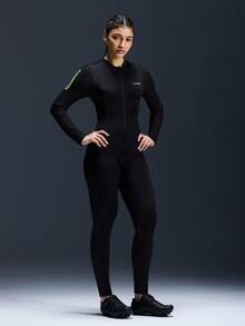Powerista Mono de ciclismo con estampado de letras y cremallera delantera de manga larga para mujer - Negro - Ver 2