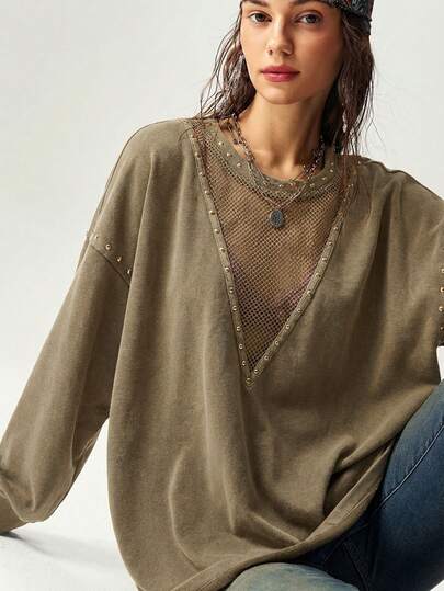 Bohemela Women's Casual Solid Color Knit Crew Neck Long Sleeve Loose Washed Sweatshirt