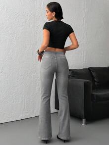 Women's High Waist Pockets Casual Versatile Flare Leg Jeans - Grey - View 2