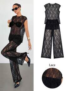 Siren Gaze Maglietta con scollo rotondo in pizzo e maniche a cappuccio e pantaloni, set casual sexy a 2 pezzi in colore unito con orlo asimmetrico in pizzo, indossabile tutti i giorni, per primavera/estate - nero - Visualizzare 8