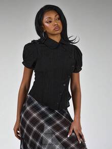 COUREZ Puff Sleeve Asymmetric Shirt /Y2K Spring Clothes For Women - Black - View 1