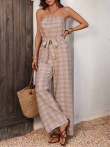 Breezaya Women's Retro Khaki Plaid Jumpsuit, Strapless Jumpsuit With Belt, Wide Leg Jumpsuit - Khaki - View 5