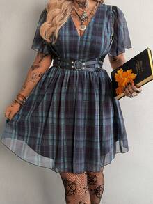 Whyspr Plus Size Plaid V Neck Flounce Sleeve Short Casual A Line Dress For Women - Multicolor - View 5