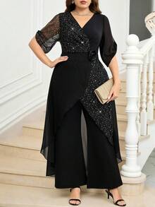 SHEIN Clasi 大码女式重叠V领翻边袖亮片拼接阔腿连体裤 - 黑色 - 查看 2
