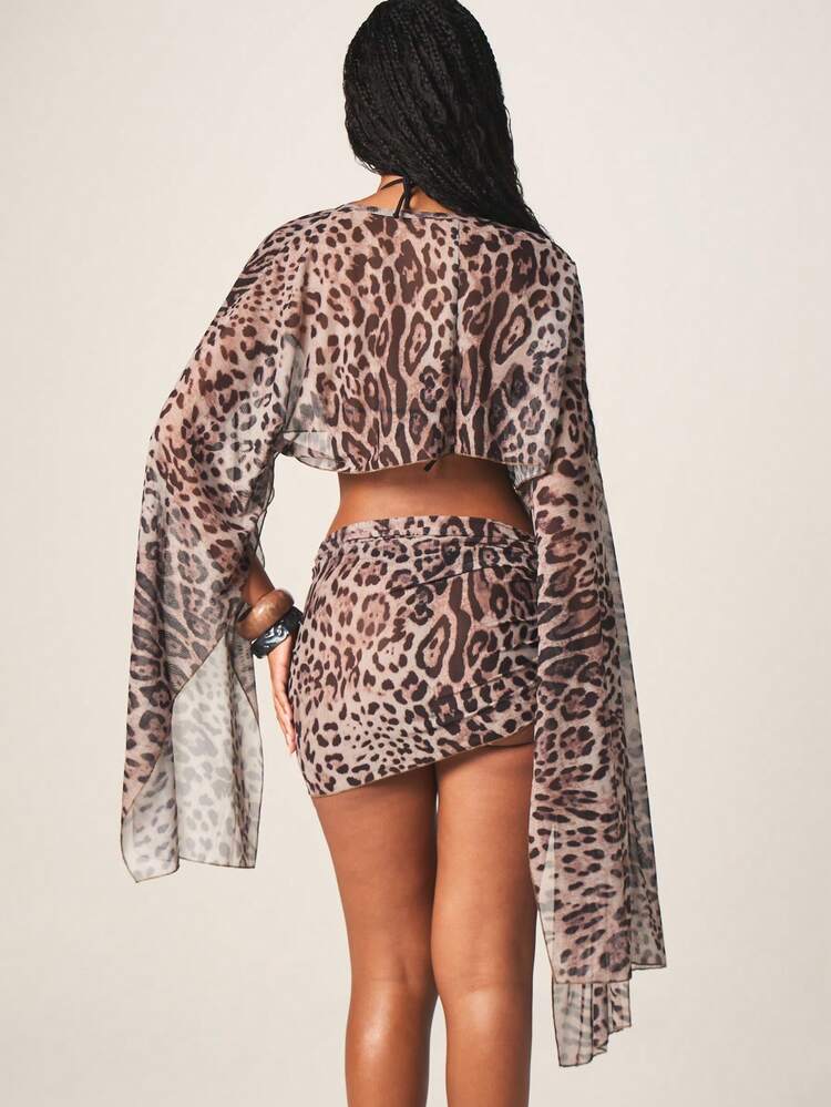 MISSGUIDED Leopard Print Chiffon Beach Cover Up Kimono With Long Flowing Sleeves And Sheer Overlay Design