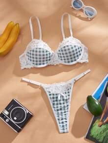 Eraneu Set de 2 piezas de lencería con parche de cuadros y encaje de moda para niñas - Multicolor - Ver 3