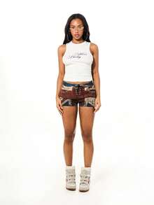 SUMWON WOMEN Miss Lucky 印花无袖罗纹露背背心 休闲夏季短款背心 - 白色 - 查看 3