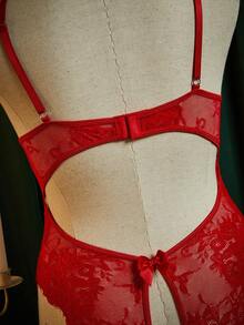 SpicyHot Plus Size Red Lace Crotchless Bodysuit Lingerie For Women,Summer Curve Bow Decor Sheer Teddy Set,Body Suit - Red - View 10