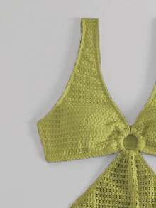 Swim Vcay Women's Solid Color Hollow Out Vacation Style Bikini Set - Green - View 4