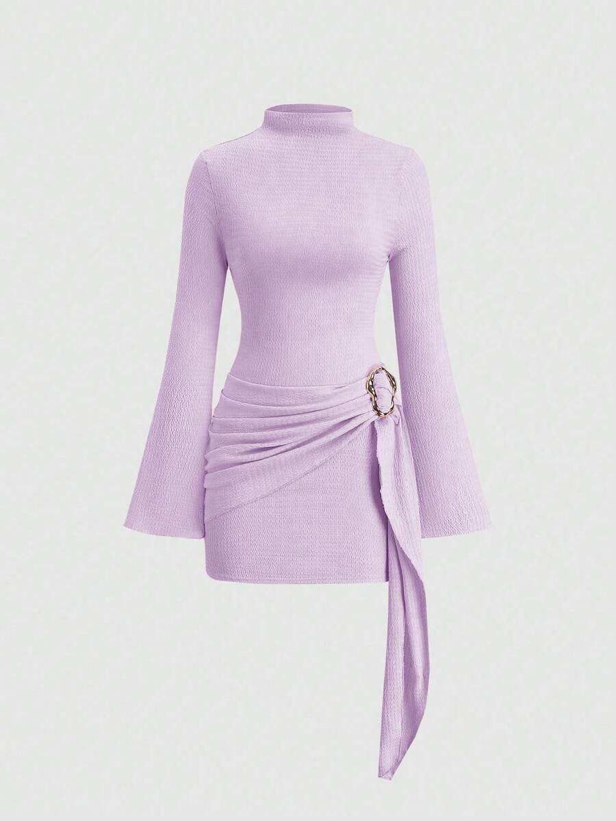 Sweetra Waist-Cinching Minimalist Flare Sleeve Bodycon Cinched Waist Dress - Mauve Purple - View 1