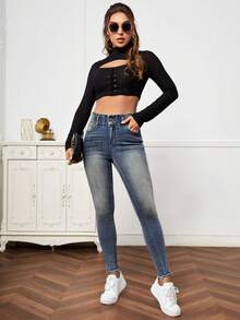 EMERY ROSE Women's Casual Washed Slant Pocket Skinny Jeans - Medium Wash - View 4