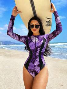 Swim SPRTY Women's Vacation Beach Plant Print One-Piece Swimsuit - Purple - View 7