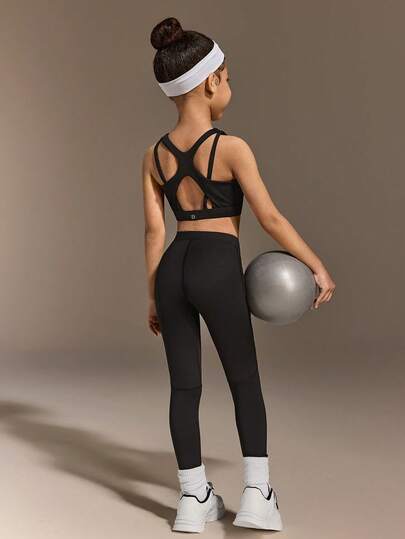 SHEIN Conjunto de top sin espalda y leggings de moda para yoga y deportes, adecuado para uso casual y deportivo